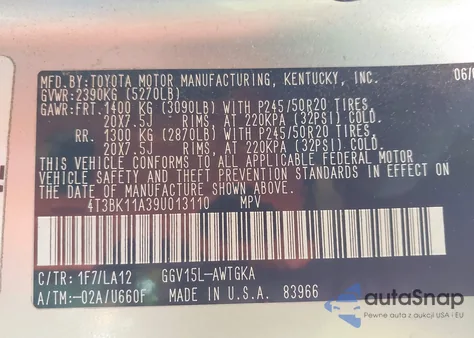 2009 Toyota Venza Base V6 из США, поврежденный, VIN 4T3BK11A39U013110